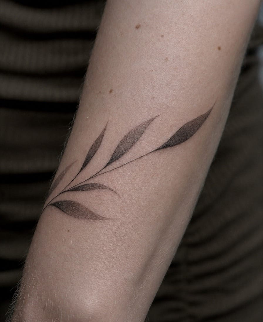Healed fine line botanical branch tattoo by a London Fine Line Tattoo Academy student