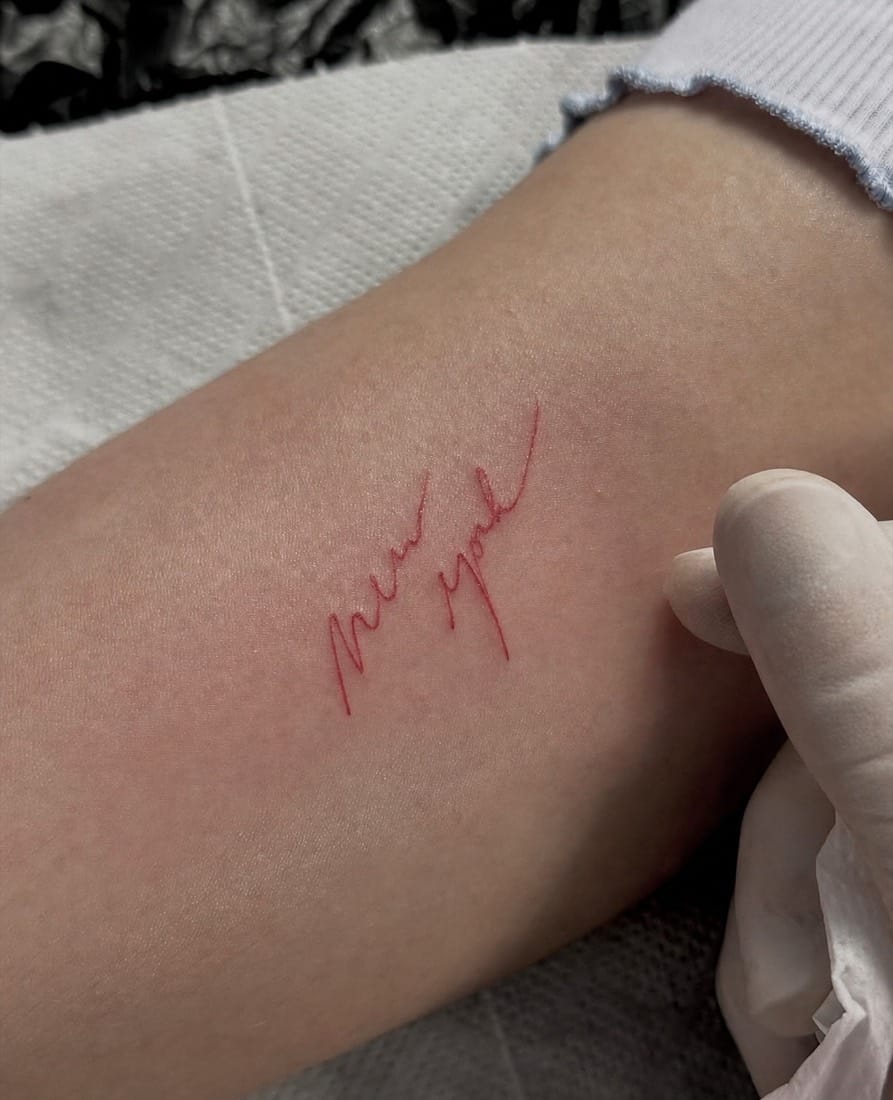 Fine line script lettering tattoo by a London Fine Line Tattoo Academy student